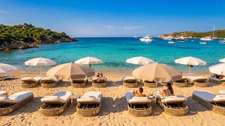 Lettini in prima fila fronte mare allo stabilimento balneare La Conchiglia Beach, spiaggia Liscia Ruja, Costa Smeralda